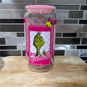 Pink Christmas Grinch glass cup with pink plastic lid and straw. Ready to ship.
